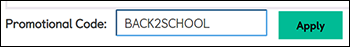 Screenshot of checkout showing BACK2SCHOOL code in the promotional code field