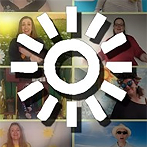 Makaton symbol for 'the sun' overlaid on top of a Zoom video screenshot of people singing and signing 'Here Comes the Sun'