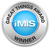 Blue and silver badge saying "iMIS Great Things Award Winner"
