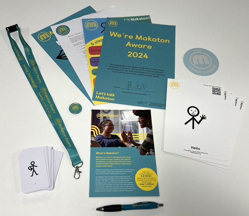 Makaton Aware pack: Makaton Aware Window Sticker, Makaton Aware Certificate, 5 Steps to Makaton Aware Poster, Ask for Help Poster, A5 Symbol Cards